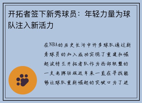 开拓者签下新秀球员：年轻力量为球队注入新活力