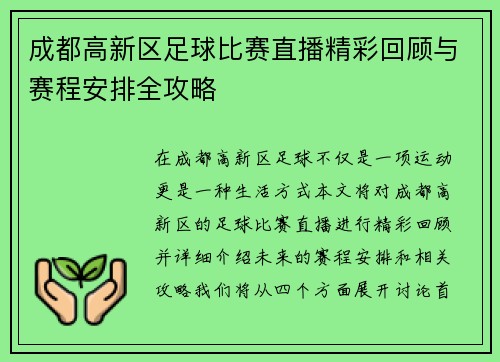 成都高新区足球比赛直播精彩回顾与赛程安排全攻略